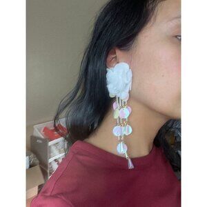 Long confetti earring flower large white chandelier sequin iridescent rainbow